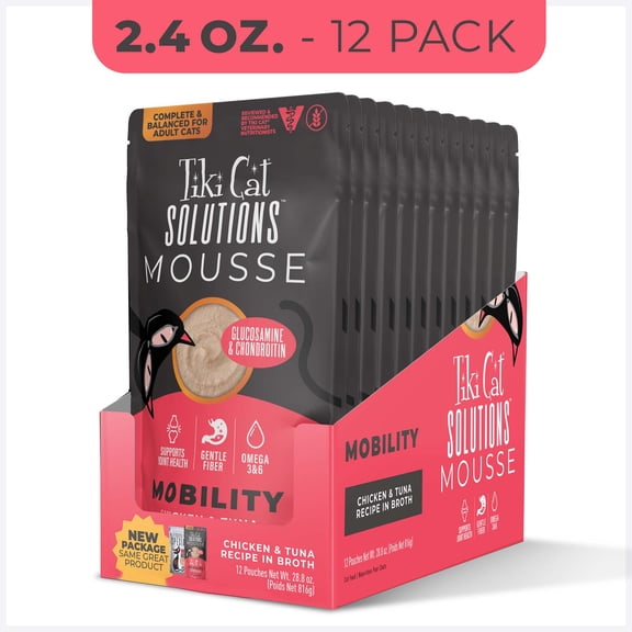 Tiki Cat Solutions Mousse, Mobility, Chicken & Tuna Recipe in Broth Cat Food, 2.4 oz., Case of 12