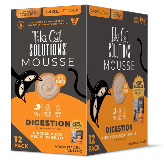 Tiki Cat Solutions Mousse Multipack Digestion, Chicken & Egg Wet Cat Food, 2.4 oz., Count of 12