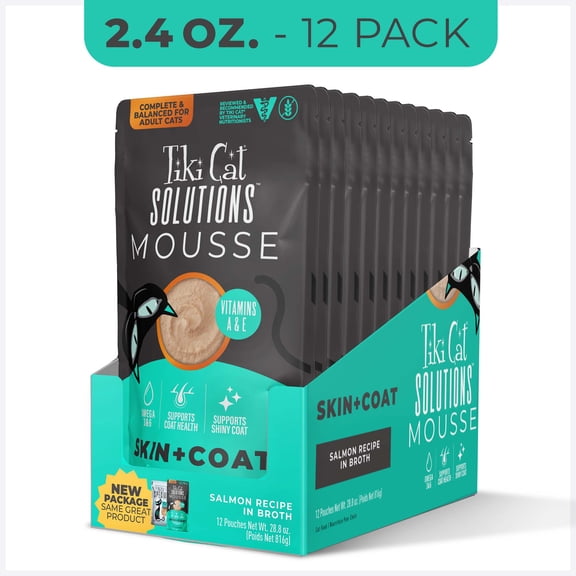 Tiki Cat Solutions Mousse, Skin + Coat, Salmon Recipe in Broth Cat Food, 2.4 oz., Case of 12
