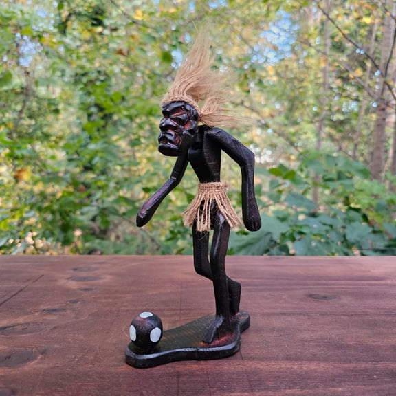 Tiki Figurine Playing Soccer, Wood Hand Carved Tribal Statue, Primitive Soccer Player Sculpture, Handmade Island Tiki Decor, One-Legged Pose, Funny Wooden Sports Art Gift for Men or Boys