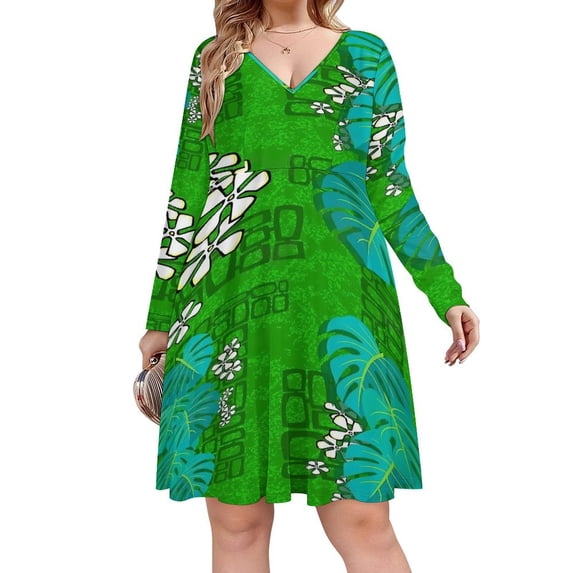 Tiki Garden Wall Green Long Sleeve Dresses For Women Vintage Elegant Party Dress Oversized V-neck Dress S-8XL