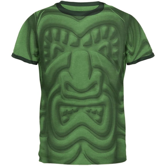 Tiki God Black Face Luau Mens Ringer T Shirt Heather Green-Forest SM