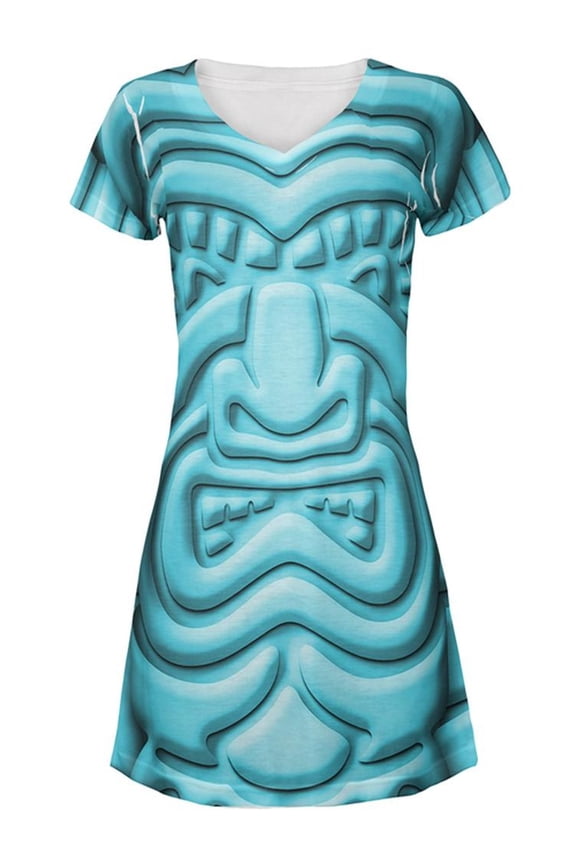 Tiki God Blue Face Luau All Over Juniors Beach Cover-Up Dress Multi X-LG