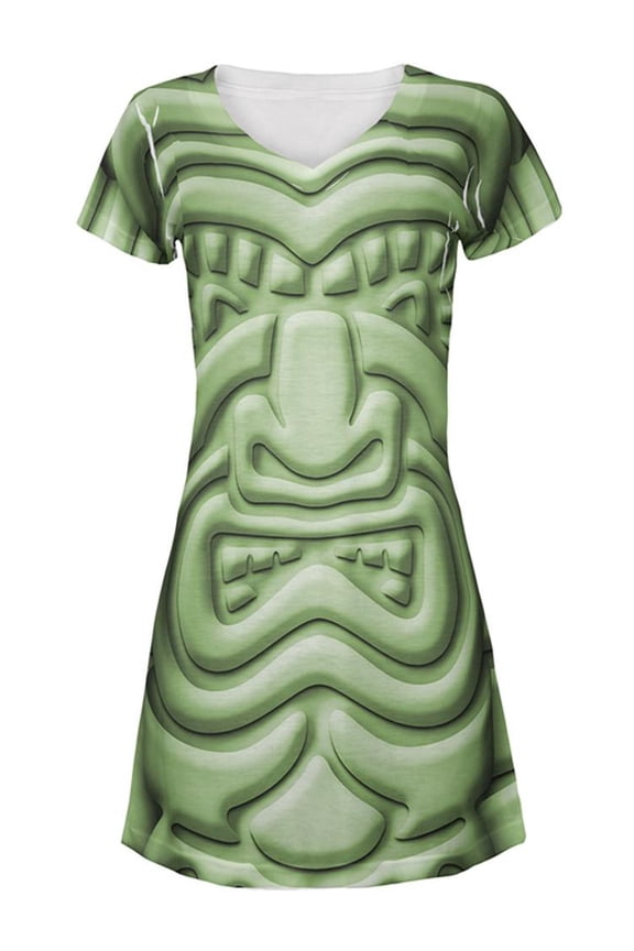 Tiki God Green Face Luau All Over Juniors Beach Cover-Up Dress Multi X-LG