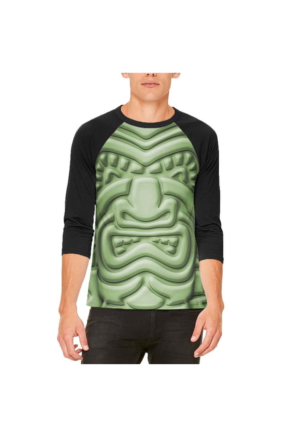 Tiki God Green Face Luau Mens Raglan T Shirt White-Black SM