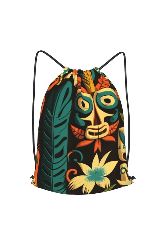 Tiki Hawaiian Retro Drawstring Backpack Gym String Bag Sports Sackpack Cinch Sack, Small