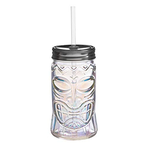 Slant Collections - Shaped Glass Jar with Lid and Straw, 16.5-Ounce, Tiki - Clear