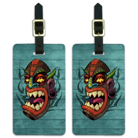 Tiki Head Island Tropical Hawaii Luggage ID Tags Suitcase Carry-On Cards - Set of 2