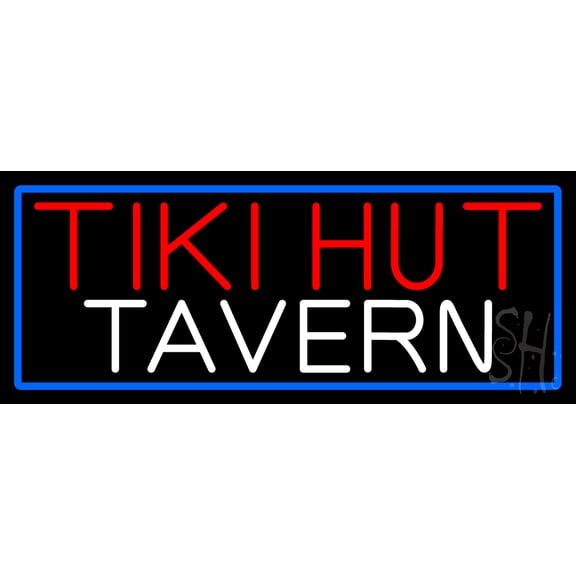 Tiki Hut Tavern With Blue Border LED Neon Sign 10 x 24 - inches, Clear Edge Cut Acrylic Backing, with Dimmer - Bright and Premium built indoor LED Neon Sign for Bar decor.