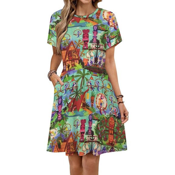 Tiki Hut Vintage Retro Art Women's Dress Short Sleeve Summer Sundress Summer Women Clothes