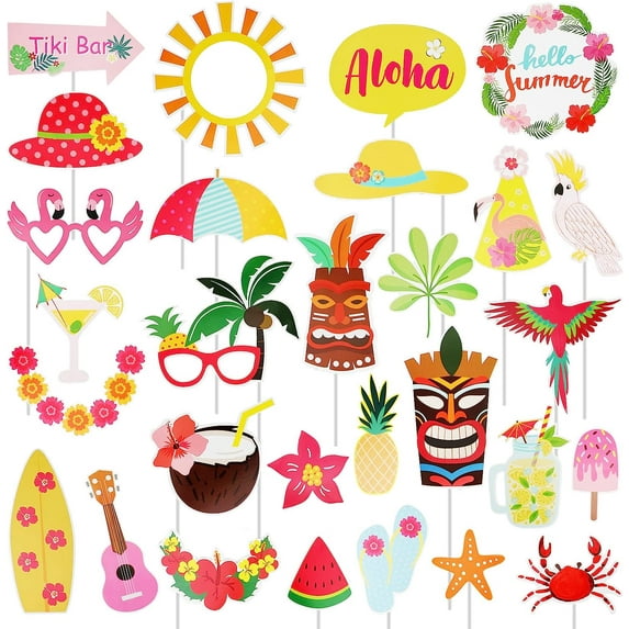 Tiki Luau - Hawaiian Party Photo Booth Props Kit - Tropical Tiki Beach Party Luau Themed Summer Pool Birthday Wedding Party Decorations Supplies - 30 Count