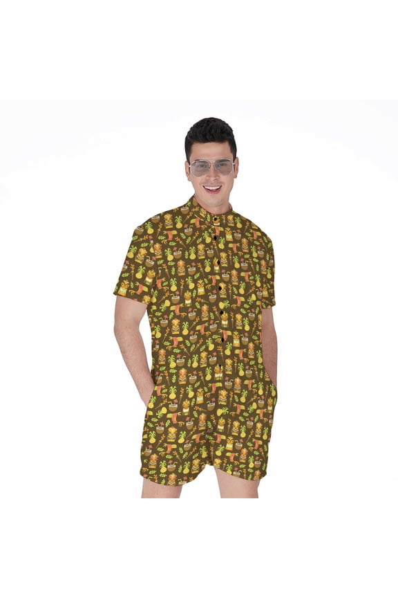 Tiki Luau Pattern Short Sleeve Men'S Rompers, Aloha Tropical Hawaiian Tiki Casual Summer Jumpsuits Outfit
