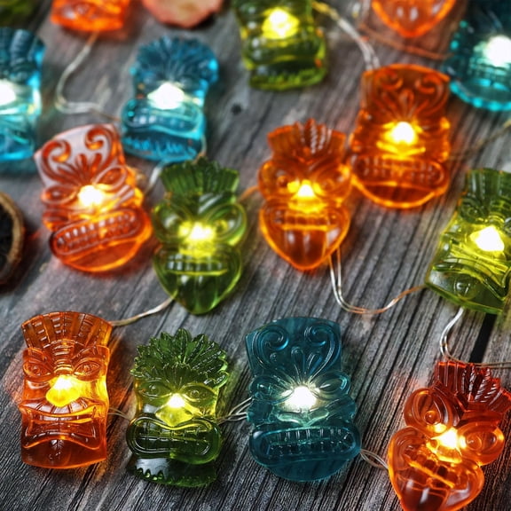 Tiki Mask String Lights 20 LED 7FT, Hawaiian Luau Party Battery Operated Waterproof Outdoor for Patio Backyard Garden Pool Tropical Decorations