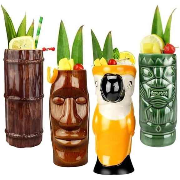 Tiki Mugs Cocktail Set of 4 - Large Ceramic Hawaiian Party Mugs Drinkware, Cute Exotic Cocktail Glasses, Tiki Bar Professional Hawaiian Party Barware, TKSET0001$$Home Decor, Kitchen, & Other