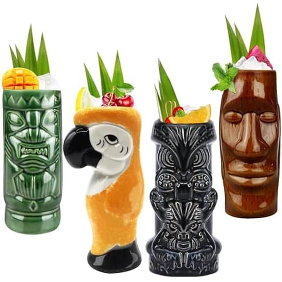 Tiki Mugs Cocktail Set of 4 - Tumblers Ceramic Hawaiian Luau Party Mugs Drinkware, Cute Exotic Cocktail Glasses, Tiki Bar Professional Hawaiian Party Barware, TKSET0003 (4PCS)