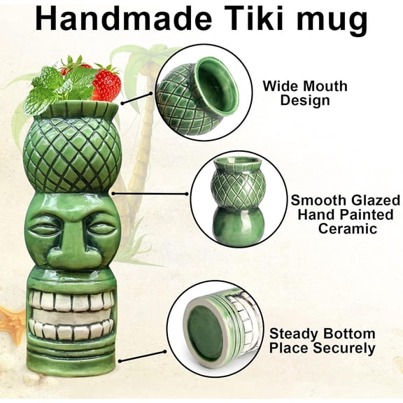 Tiki Mugs Set of 4 Ceramic Hawaiian Party Mugs Drinkware, Tiki Bar Mugs for Cocktails, Premium Tropical Cups Drinks for Exotic Party$$Home Decor, Kitchen, & Other