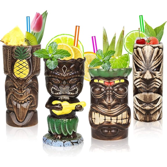 Tiki Mugs Set of 4 Ceramic Hawaiian Party Mugs Large Drinkware, Tiki Party Cups for Cocktails, Tropical Barware Drinks for Exotic Party - TJB02 (4pcs)