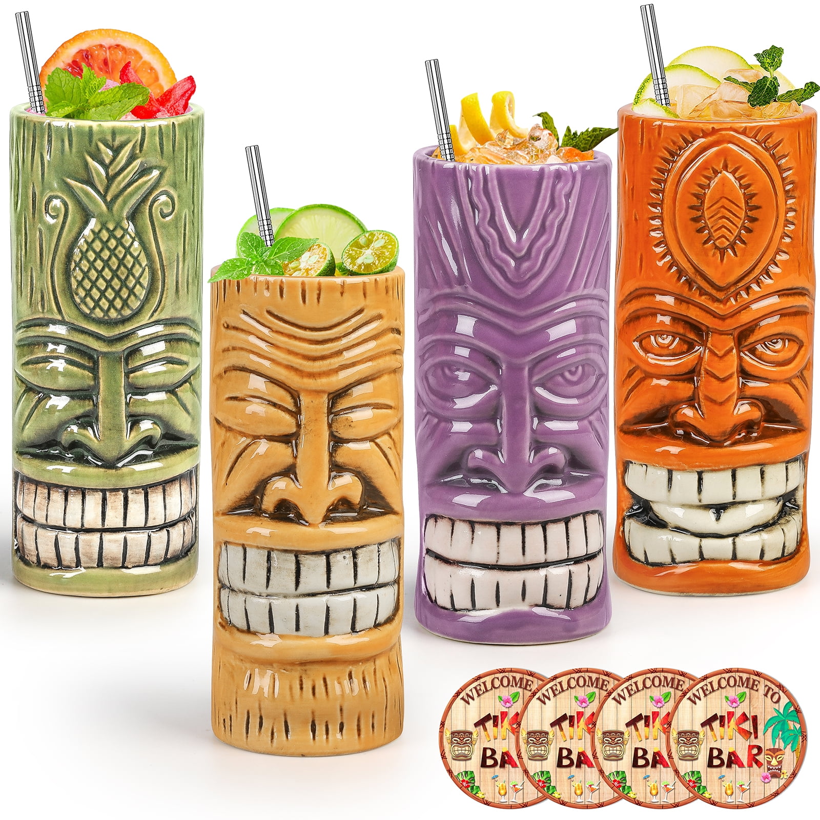 Tiki Mugs Set of 4,Ceramic Tiki Hawaiian Party Mugs, Creative Tiki Glasses Set Tiki Bar Mugs for Cocktails Glasses, Tiki Drinking Bar Decorations Premium Tropical Cups Drinks for Exotic Party(4PCS)