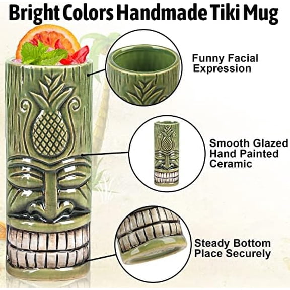 Tiki Mugs Set of 8 - Ceramic Tiki Glasses with Tiki Coaster, Unique Cocktail Glass, Bar Professional HawaiianTiki Mug and Halloween Christmas Party Barware$$Home Decor, Kitchen, & Other