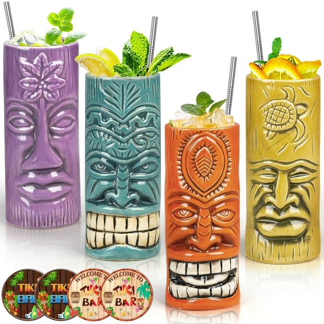 Tiki Mugs Set of 4 Ceramic Hawaiian Party Mugs Large Drinkware, Tiki