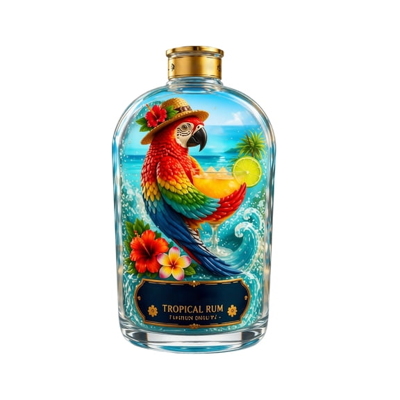 Tiki Paradise Tropical Rum Bottle Empty Glass Liquor Prop with Gold Crown Lid, Tropical Parrot Label, Hawaiian Luau Party Centerpiece, Shelf Accent for Patio, Tiki Bar, Summer BBQ