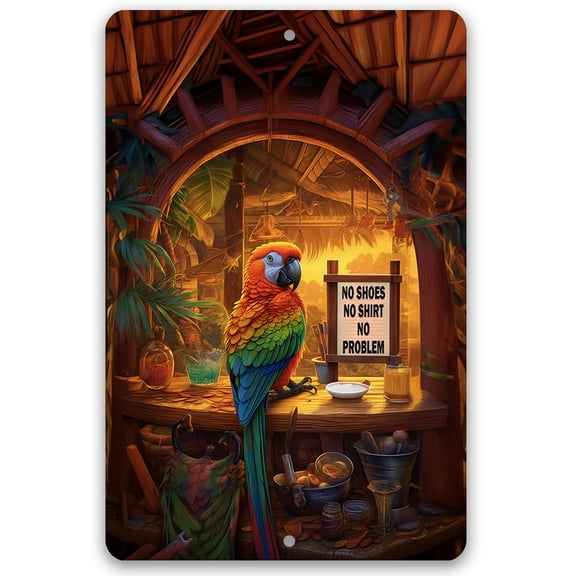 Tiki Parrot Bars - Retro Vintage Decoration Perfect for Home, Beach Bar, Poolside, Patio, or Tiki Bar, Classic Cocktail Drinks Sign and Gifts, Indoor/Outdoor Durable Metal Sign (8" x 12")