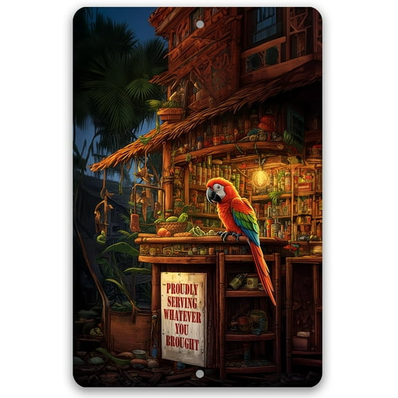 Tiki Parrot Bars - Retro Vintage Decoration Perfect for Home, Beach Bar, Poolside, Patio, or Tiki Bar, Classic Cocktail Drinks Sign and Gifts, Indoor/Outdoor Durable Metal Sign (8" x 12")