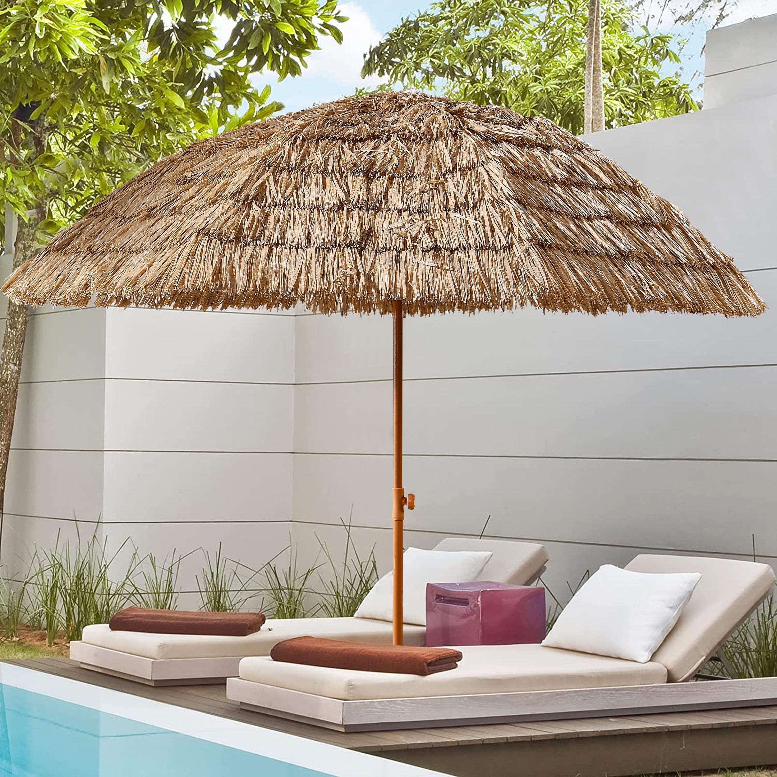 Tiki Patio Umbrella, 8ft Tropical Raffia Palapa Hula Beach Sun Shade Umbrella for Garden Poolside Backyard, Brown