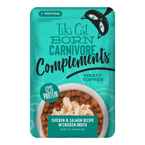 Tiki Cat Born Carnivore Complements Wet Cat Food Topper, Chicken & Salmon, 2.1 oz. Pouch