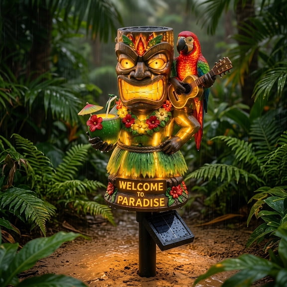 Tiki Solar Garden Stake Light, All-Weather Resin Tropical Lawn Stake, Hawaiian Welcome Paradise Statue for Outdoor Landscape