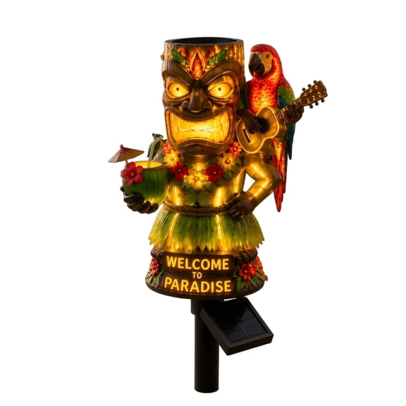 Tiki Solar Pathway Light Outdoor, Welcome to Paradise Resin Tiki Statue with Parrot, Solar Waterproof LED Lamp for Lawn Yard Patio Garden Decor