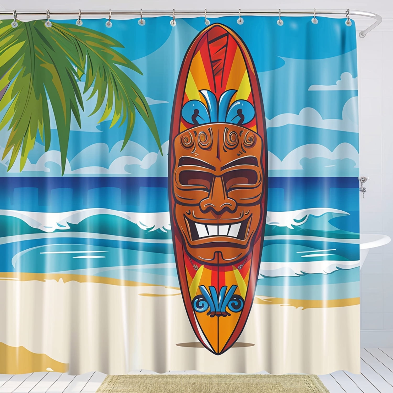Tiki Surfboard Beach Scene Shower Curtain for Kids Room Cartoon Style