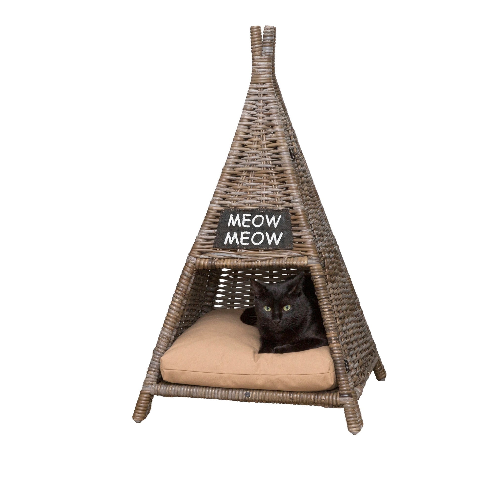Small Kubu Gray Handwoven Rattan Triangle Cat Bed with Cushion