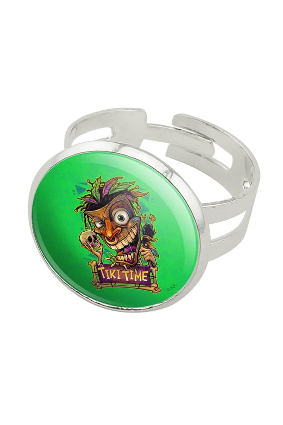 Tiki Time Witch Doctor Tropical Island Silver Plated Adjustable Novelty Ring