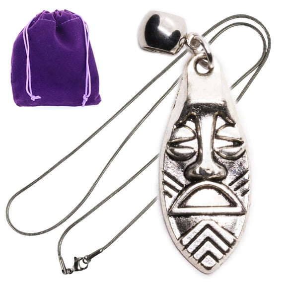 Tiki Tribal Mask Pendant Necklace Beach Jewelry for Men, Silver Tone Elongated Face Charm Beach Necklace on Chain with Purple Gift Pouch