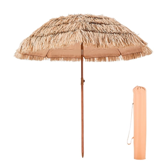 Tiki Umbrella 6.5 ft Thatched Patio Beach Parasol with Tilt, Durable PP Thatch Canopy, 8 Metal Ribs, Adjustable Height Outdoor Umbrella for Poolside, Backyard, Garden, Patio and Beach Use