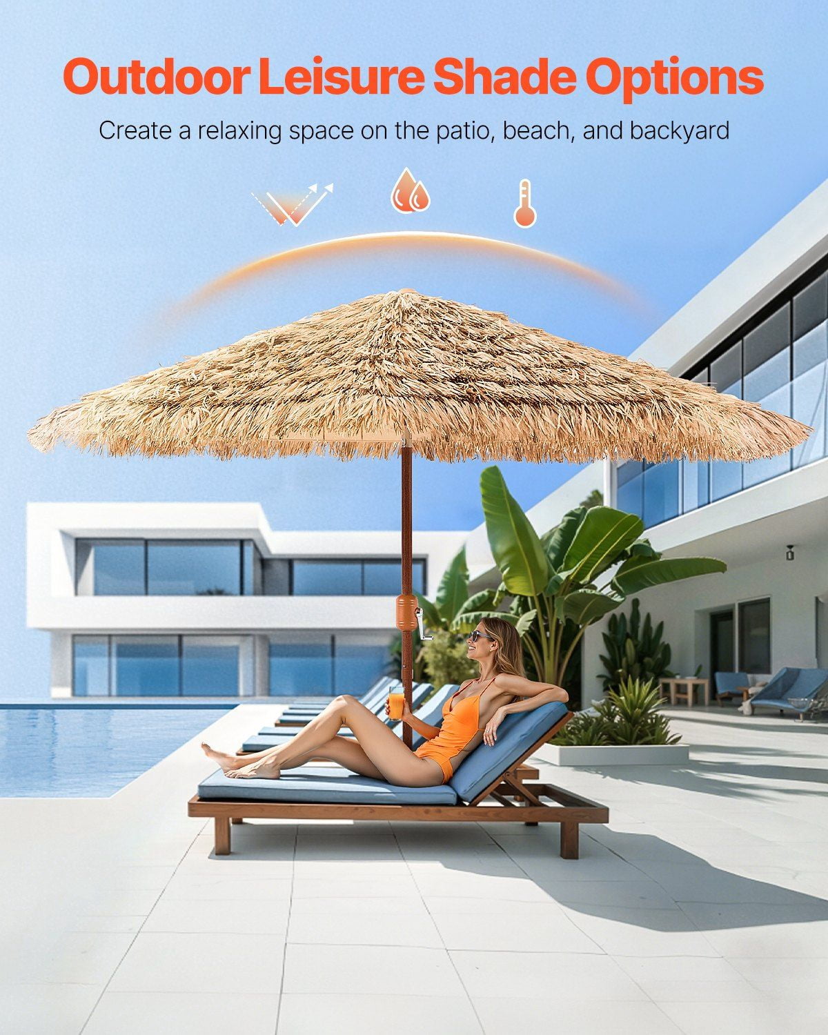 Tiki Umbrella 9 ft Thatched Patio Umbrella - Large Poolside Beach ...