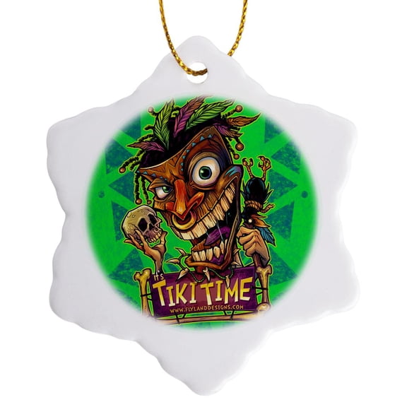 3drose, Tiki Voodoo Guy with a Skull and Crow, 3 inch Snowflake Porcelain Ornament