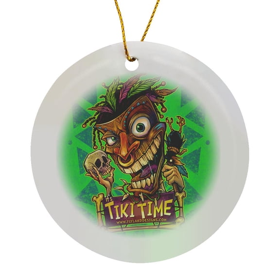 3drose, Tiki Voodoo Guy with a Skull and Crow, Circle Porcelain Ornament