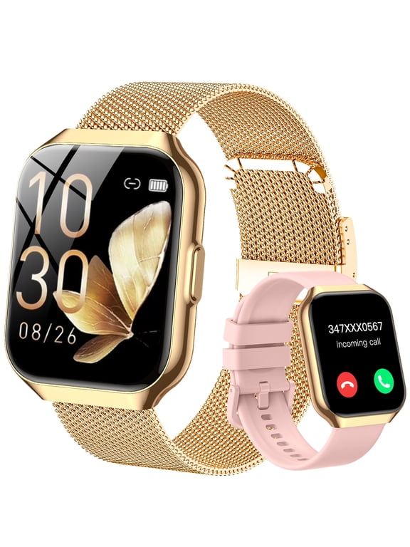 Smart Watch for Women 1.96'' Fitness Tracker Gold Smart Watches for Women Digital Watches 120 Sports Mode Make/Answer Call Waterproof Running Smartwatch Fits for Android iPhone 2 Straps