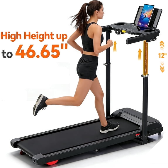 Kismom 8% Incline Treadmill with Adjustable Height & Foldable Workstation, 3.5HP Home Treadmill 300 lbs Capacity, 12 Programs & Heart Rate Monitor