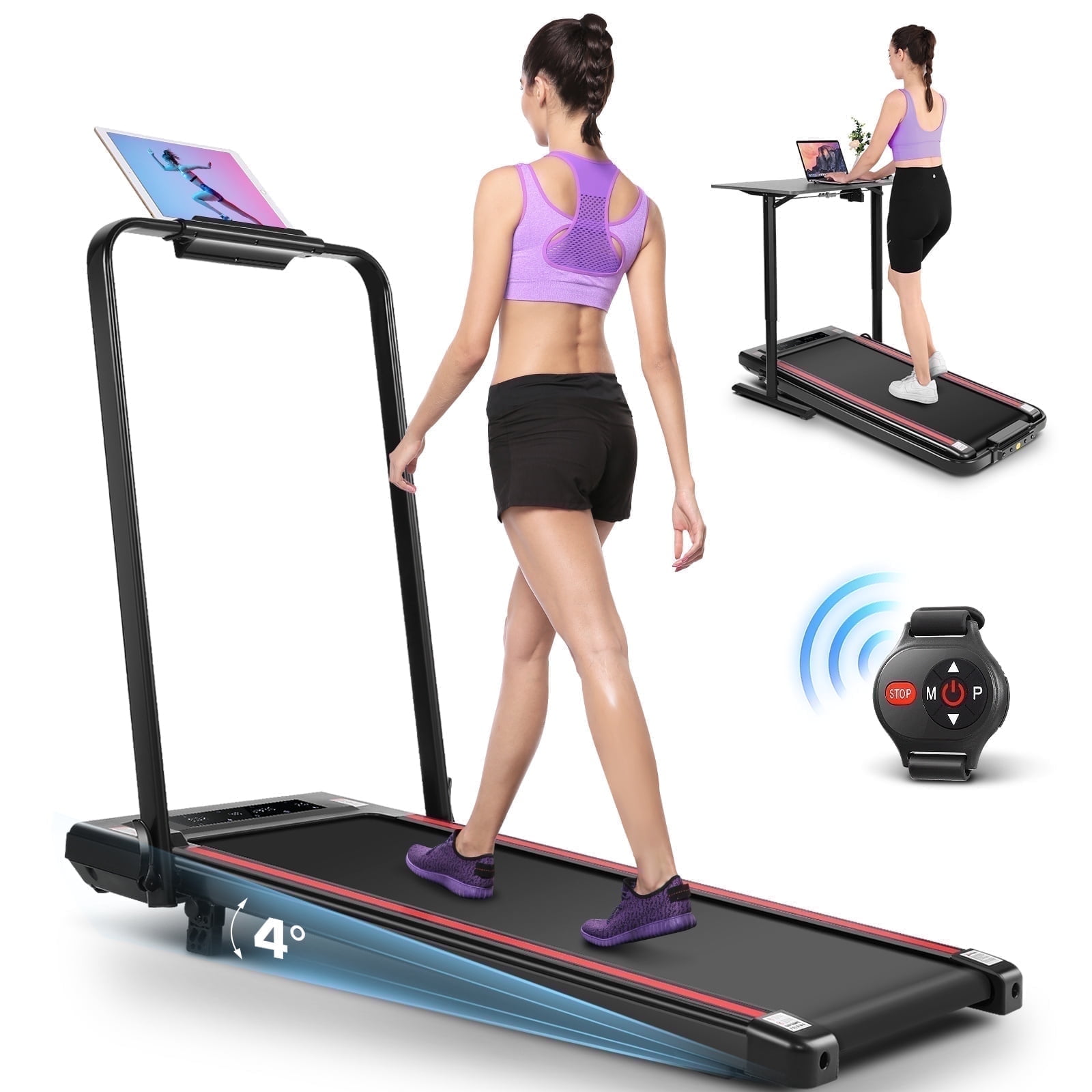 Walking Pad Treadmill with Incline,2.5HP Under Desk Treadmill with Remote Control & LED Touch Screen for Home Office Jogging Running Electric Machine,300lbs Weight Capacity Black & Red