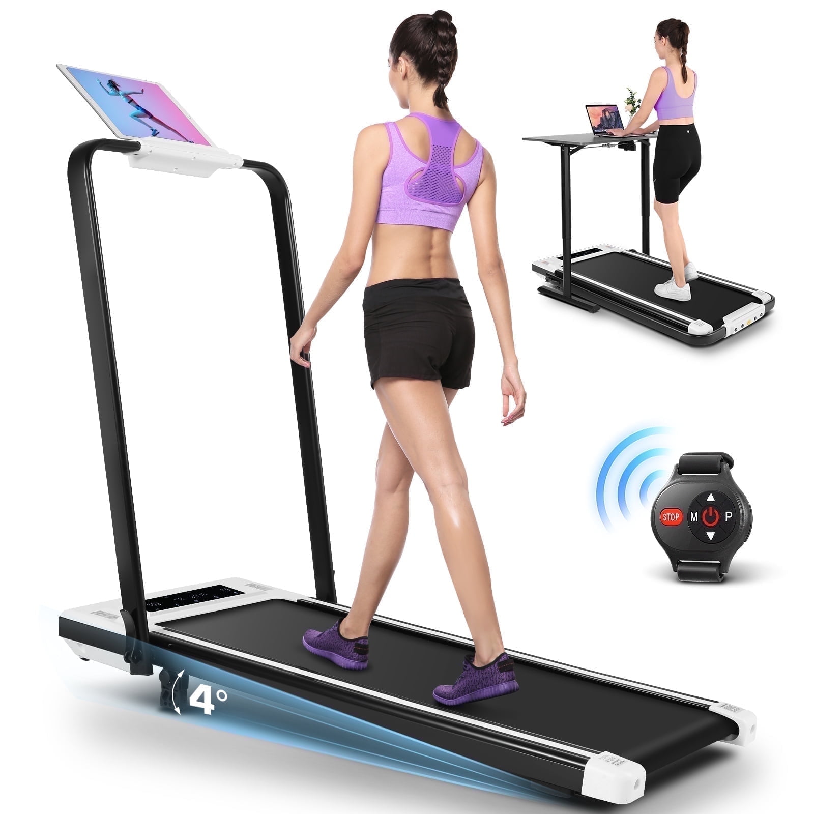 Walking Pad Treadmill with Incline,2.5HP Under Desk Treadmill with Remote Control & LED Touch Screen for Home Office Jogging Running Electric Machine,300lbs Weight Capacity Black & White