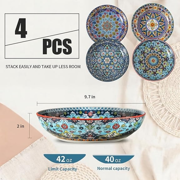 Tikooere 9.7 Inch Ceramic Pasta Bowls Set of 4, 42oz Large Salad Bowls, Bohemian Colorful Printed Soup Bowls for Kitchen, Microwave & Dishwasher Safe, Wide and Deep Serving Bowls for Dinner, Soup