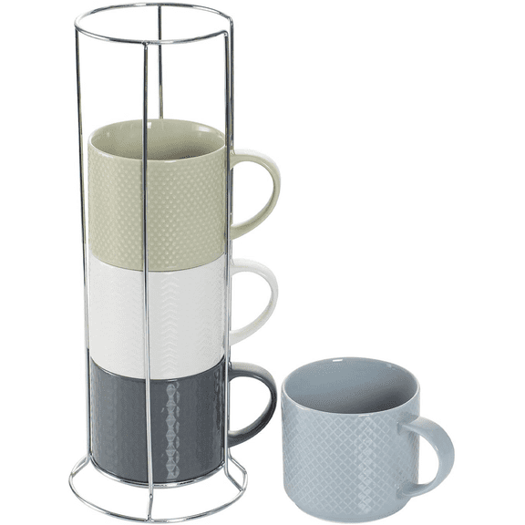 Tikooere 15 oz Embossed Ceramic Coffee Mugs Set of 4 with Metal Stand, Stackable Latte Cups with Handle, Multi-Color Coffee Cups for Cappuccino Tea, Microwave & Dishwasher Safe