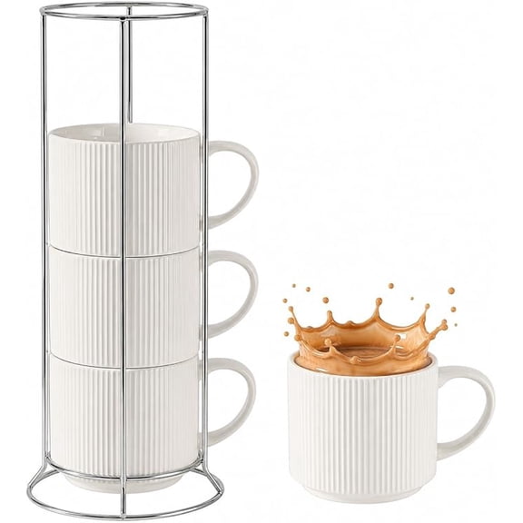 Tikooere 15 oz White Embossed Ceramic Coffee Mugs Set of 4 with Metal Stand, Stackable Latte Cups with Handle, Vertical Striped Porcelain Cups for Hot Cold Drinks, Dishwasher & Microwave Safe
