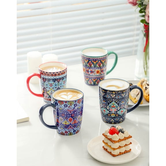 Tikooere 16 Oz Ceramic Coffee Mugs Set of 4, Bohemian Colorful Large Coffee Cups, Microwave & Dishwasher Safe, for Latte Tea Hot Cocoa, Ideal Housewarming Gift