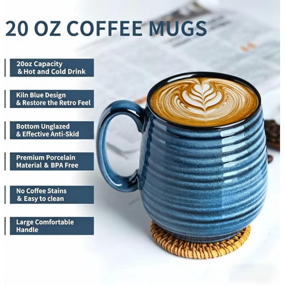Tikooere 20 oz Ceramic Coffee Mug with Coaster, Large Coffee Cup , Microwave & Dishwasher Safe, Modern Striped Design, Ideal for Latte Tea Soup Home Office, 1 Set, Blue