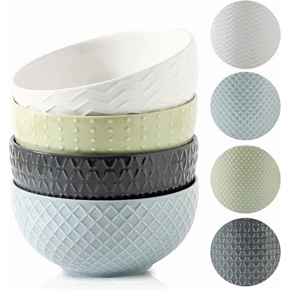 Tikooere Ceramic Cereal Bowls Set of 4, 26oz Embossed Stoneware Bowls, Multi-Color Fresh Design Soup Bowls for Cereal Soup Oatmeal Salad Noodles Rice, Microwave & Dishwasher Safe