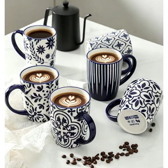 Tikooere 15oz Coffee Mugs Set of 6,Ceramic Blue & White Floral Pattern, Elegant Large Coffee Cups for Coffee, Tea, Latte & Cappuccino,Microwave & Dishwasher Safe, Vintage Blue